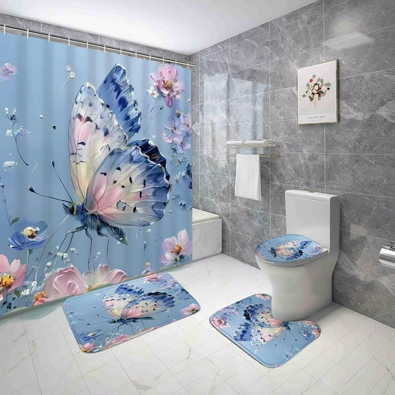4-Piece Butterfly Floral Shower Curtain Sets Botanical Aesthetic Flower Bathroom Set with Shower Curtain and Rugs, Cute Fun Decorative Bath Curtain with Hooks for Home Decor