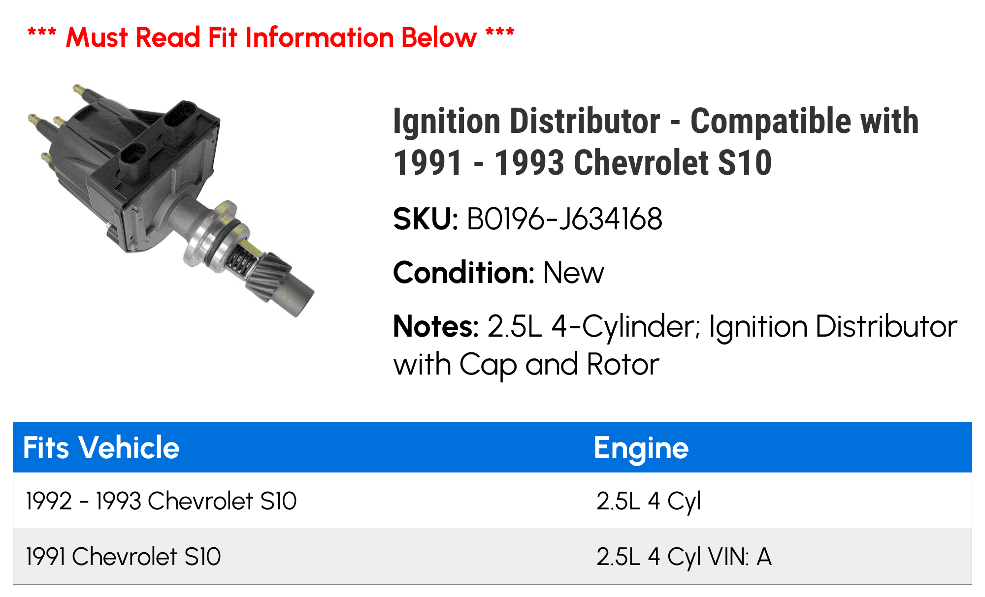 Ignition Distributor - Compatible with 1991 - 1993 Chevy S10 1992