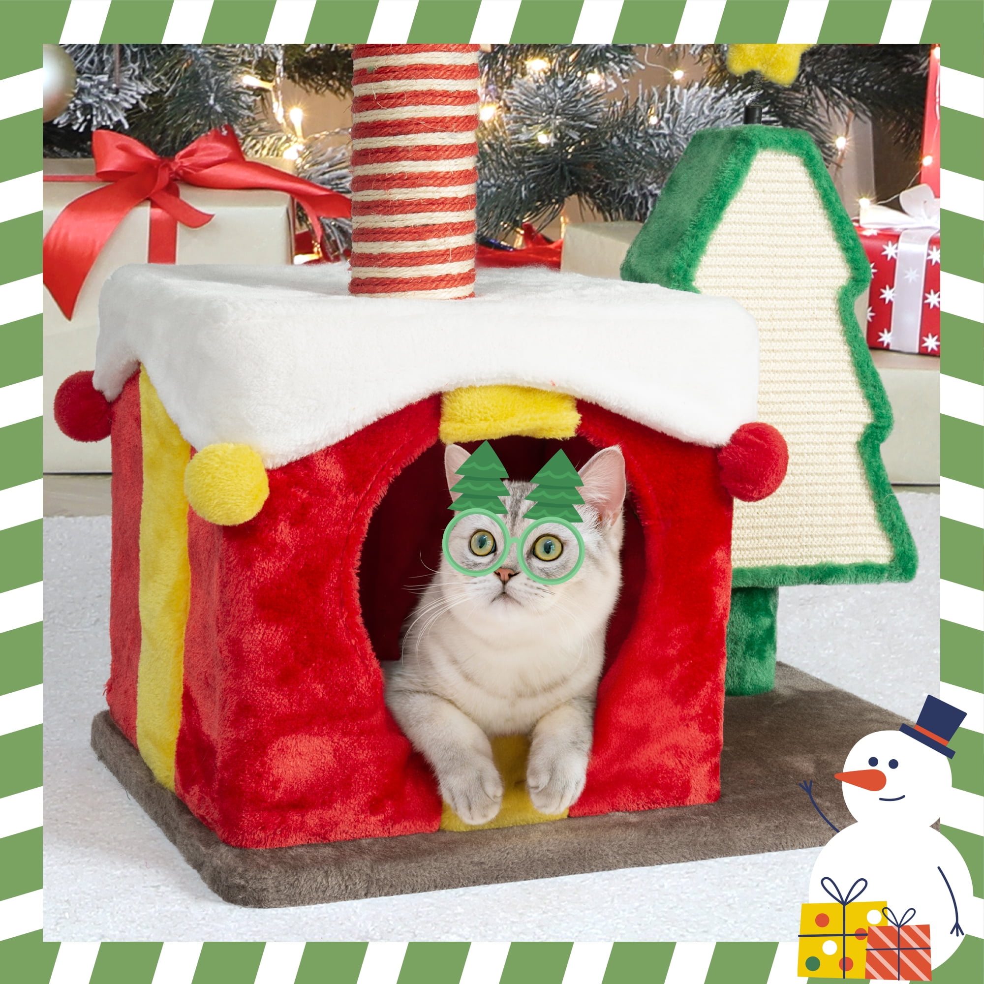 LHBCraft Christmas Cat Tree, 33.5" Multi-Level Cat Tower with Cat Condos, Top Perches, Sisal Ramp Scratching Posts, Cozy Basket, Hammocks, Large Cat Pet Activity Structure