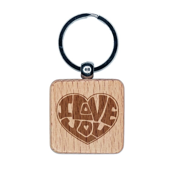I Love You Heart 70s Bubble Letters Square Keychain Charm Tag - Engraved Wood