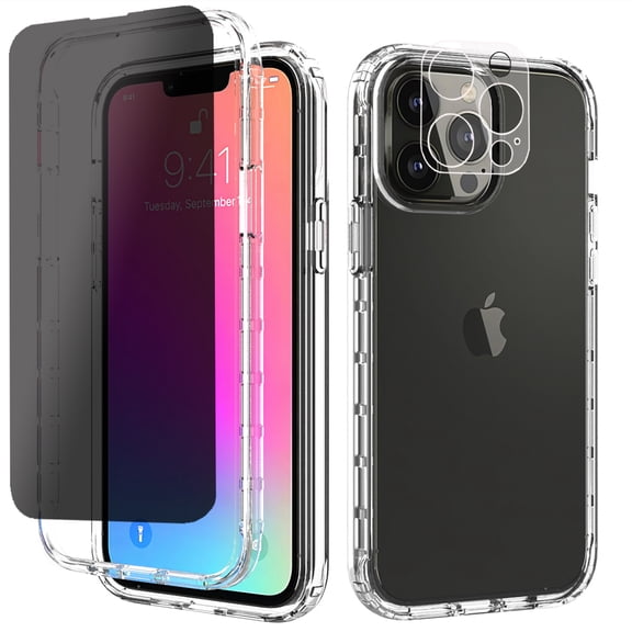 Xhy iPhone 13 Pro Case with 2x Privacy Screen Protector   1x Camera Lens Protector, [Anti-Scratch] [Non-Yellowing] [Scratch-Resistant], 6.1 inch Case for Men Women, Crystal Clear