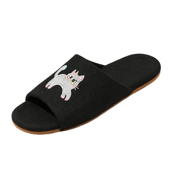 Fengactive Womens Cat Embroidery Open Toe Slide Slippers Round Toe Soft Sole Breathable Casual House Slippers