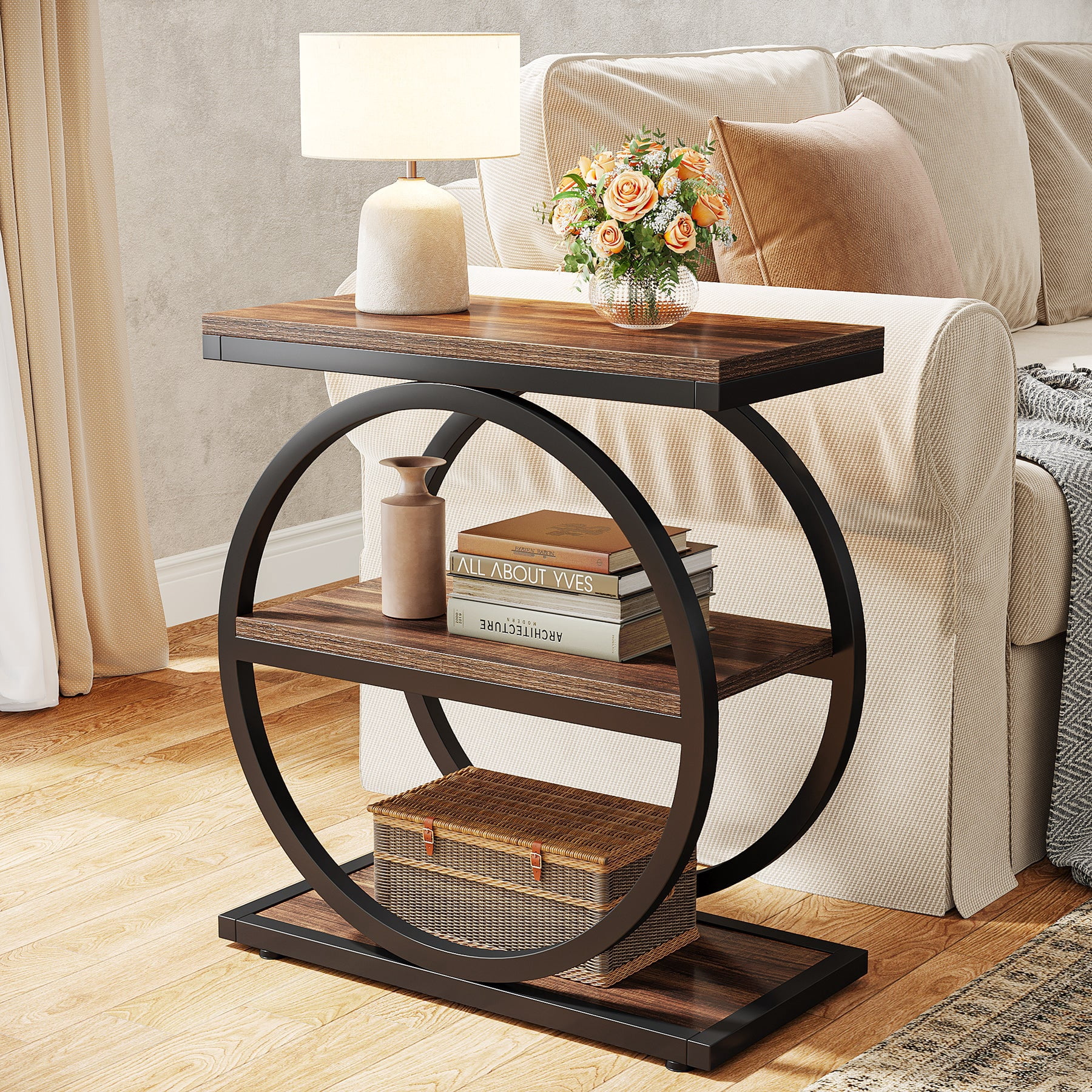 Fnova Side Table with Circular Metal Frame, End Table with 3-Tier Shelves for Living Room, Dark Brown