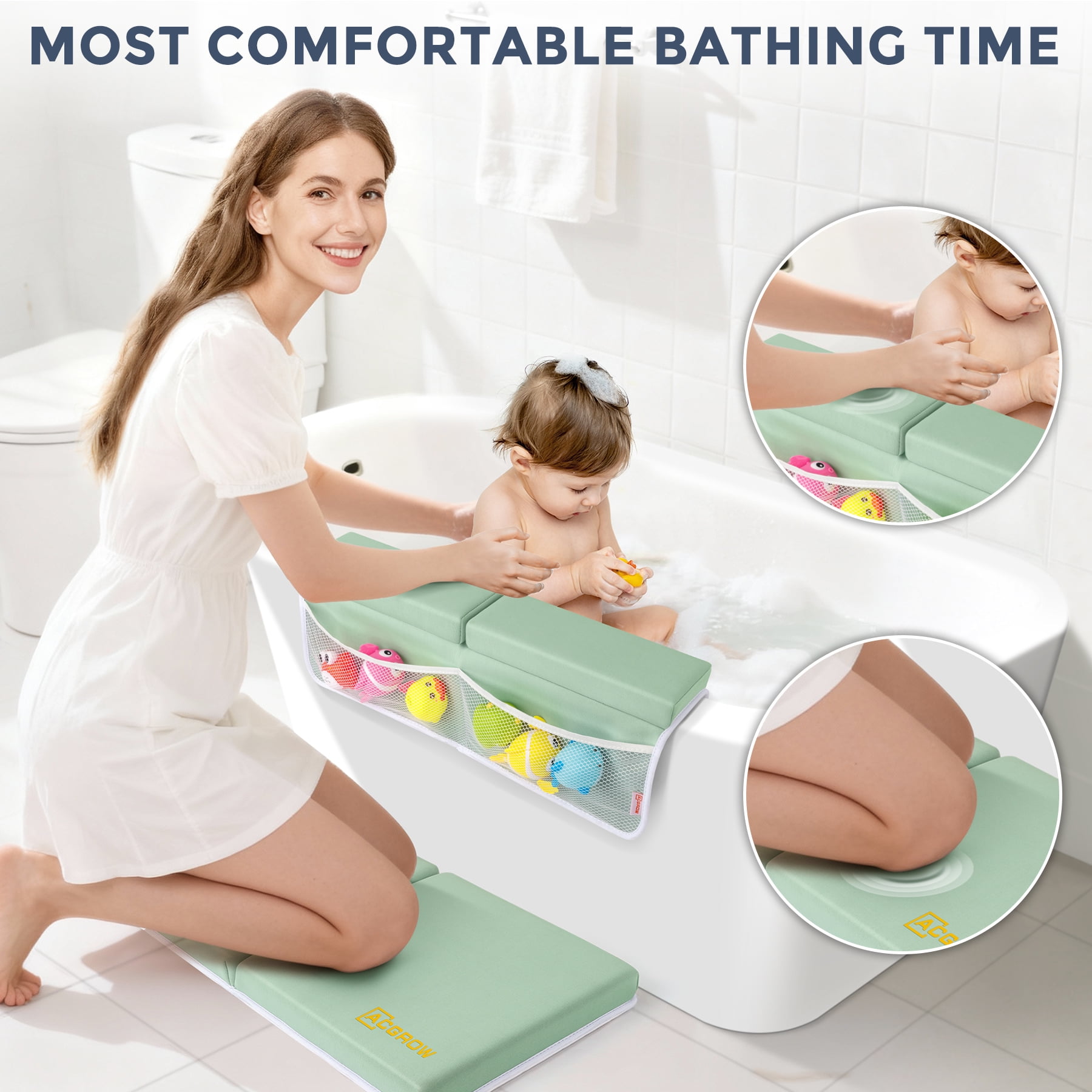 ACGROW Bath Kneeler and Elbow Rest Pad Set - 1.5" Thick Baby Bath Kneeler Pads with Toys Organizer, Anti-Slip Cozy Knee & Arm Support Bathtub Mat, Quick Dry Kneeling Pad for Baby Bath Time Green