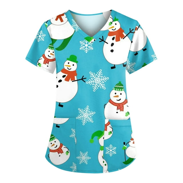 Puntoco Moda para mujer Camisetas de manga corta con cuello en V Uniforme de trabajo Estampado de Navidad con tops de blusa de bolsillo Puntoco Puntoco-1873