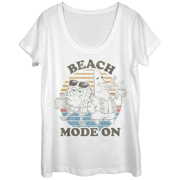 Women's SpongeBob SquarePants Beach Mode On  Scoop Neck White Small