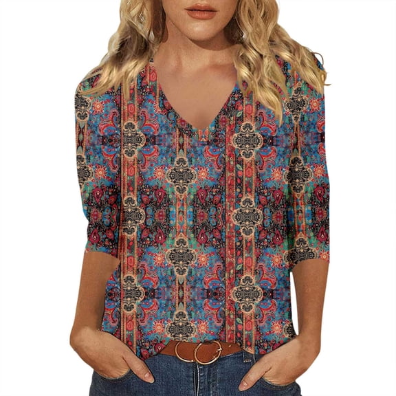 CONZONE Womens T-Shirts 3/4 Sleeve T Shirts for Women Casual V Neck Floral Graphic Lightweight Tees Soft Cozy Athletic Tops