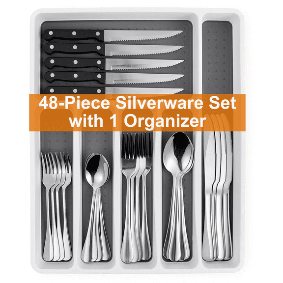 49 Piece Silverware Set Service for 8，Stainless Steel Flatware Cutlery Set with Organizer，Mirror Polished，Dishwasher Safe