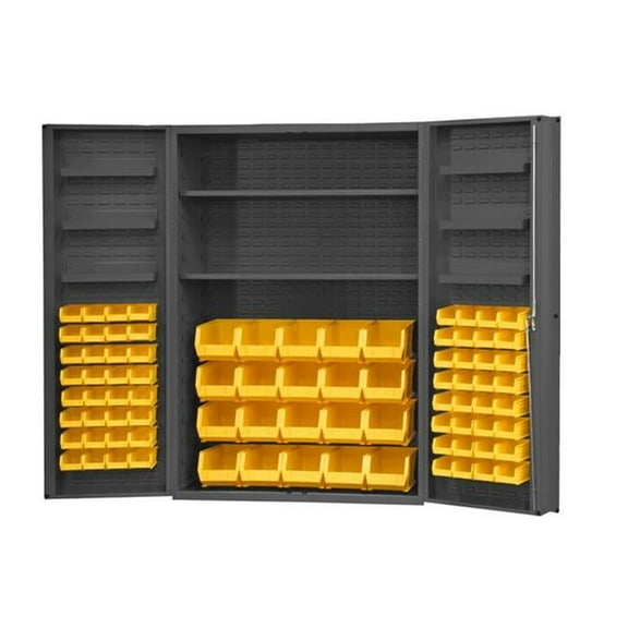 14 Gauge Lockable Cabinet with 84 Yellow Hook on Bins & 2 Adjustable Shelves & 6 Door Shelves, Gray - 48 x 24 x 72 in.
