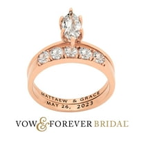 Vow & Forever Personalized Planet Bridal 14K Rose Gold over Sterling Silver Marquise White Topaz 2-Piece Engraved Wedding Ring Set ,Women's