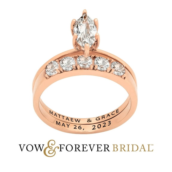 Vow & Forever Personalized Planet Bridal 14K Rose Gold over Sterling Silver Marquise White Topaz 2-Piece Engraved Wedding Ring Set ,Women's