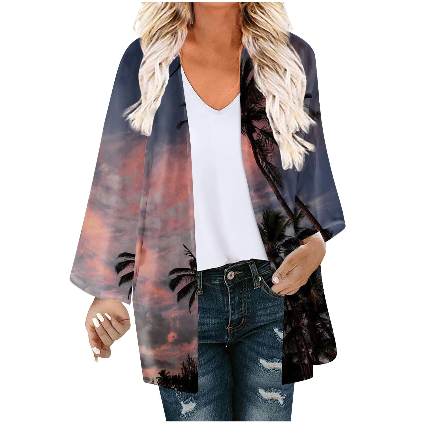 Finoceans Women's Open Front Short Sleeve Cardigan - Floral Chiffon Kimono Wrap Blouse, Black Red, X-Large