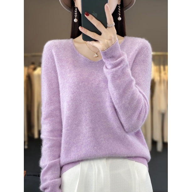 Suéter de mujer 100 % lana merino, cuello en V, manga larga, jersey básico de otoño e invierno, prendas de punto de cachemira, ropa cálida para mujer
