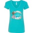 thumbnail image 3 of Inktastic Easter He Has Risen with Cross and Flowers Women's V-Neck T-Shirt, 3 of 5