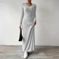 thumbnail image 5 of Knitted Maxi Dress Women Elegant Party Autumn Winter O Neck Long Sleeves Sexy Slim Long Dresses Casual Holiday Street Dress Elegant Party Dresses 2025 Light Gray M, 5 of 5