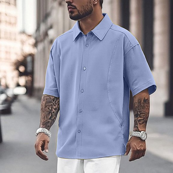 Mens Button Down Short Sleeve Shirt Casual Stylish Basic Shirts Solid Color Loose Summer Beach Tops Light Purple Size L