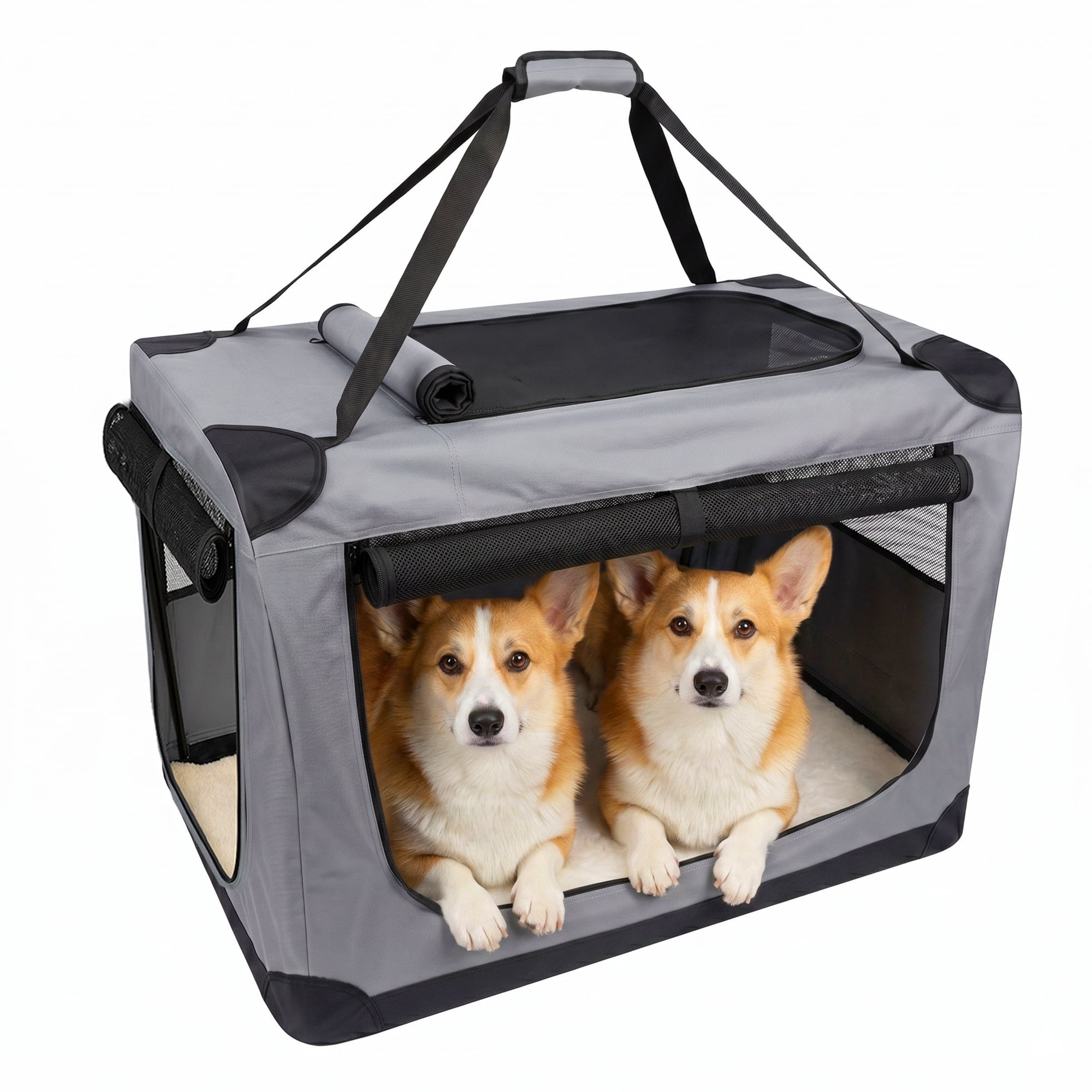 Memoryfield 3-Door Travel Kennel, Soft Dog Crate with Fleece Bed, Storage Pocket & Safety Zippers, Portable Pet Cage for Indoor, Outdoor & Car Use