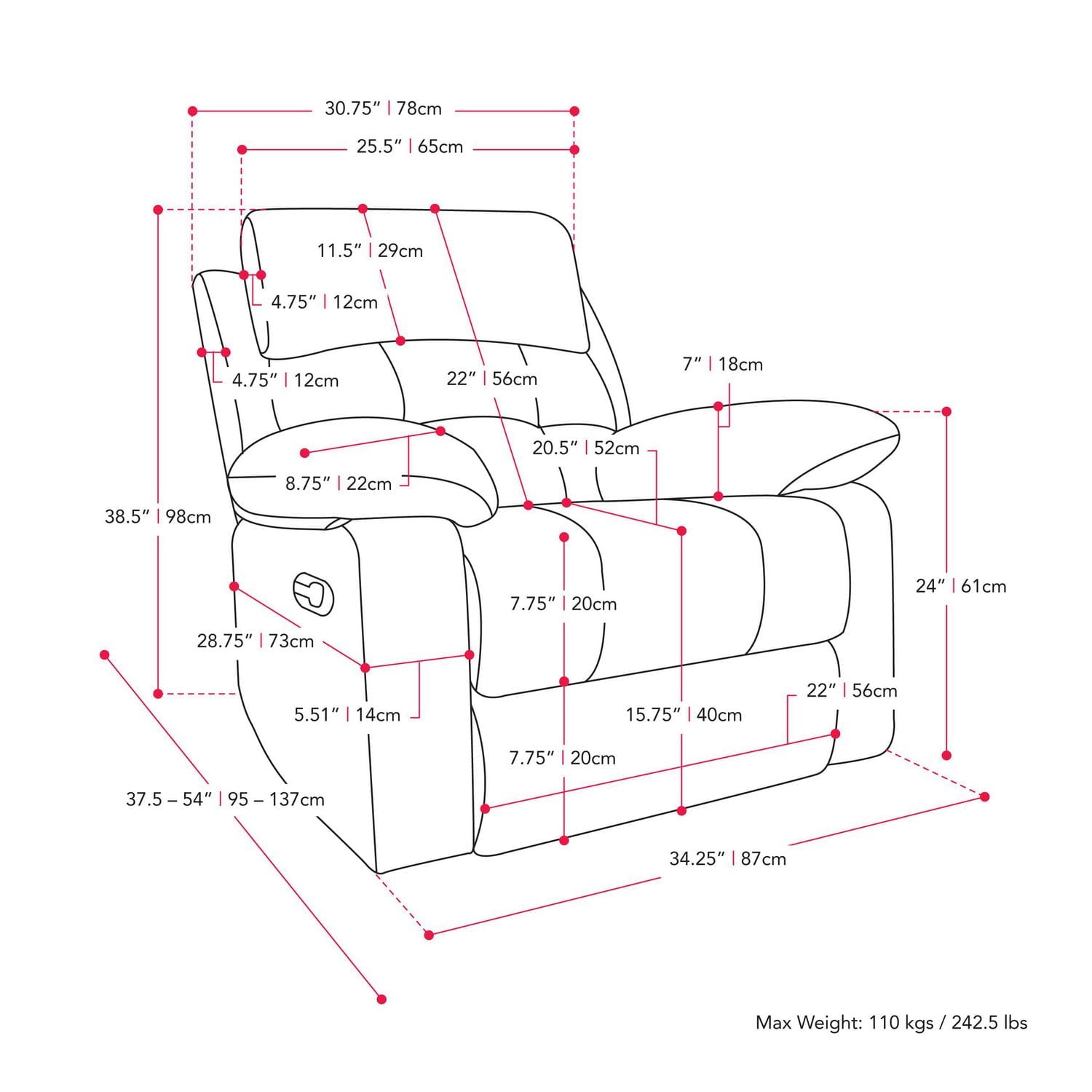 Fauteuil inclinable d'intérieur CorLiving Oren, manuel, en tissu doux et de haute qualité