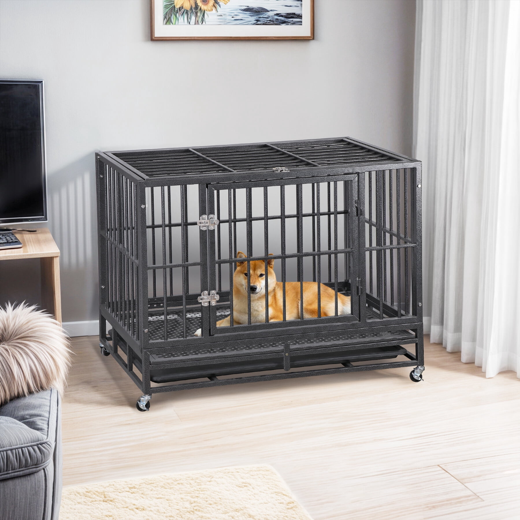 HomGarden 38-in Heavy Duty Pet Dog Crate High Anxiety Medium Dog Cage Kennel W/Lockable Wheels & Tray