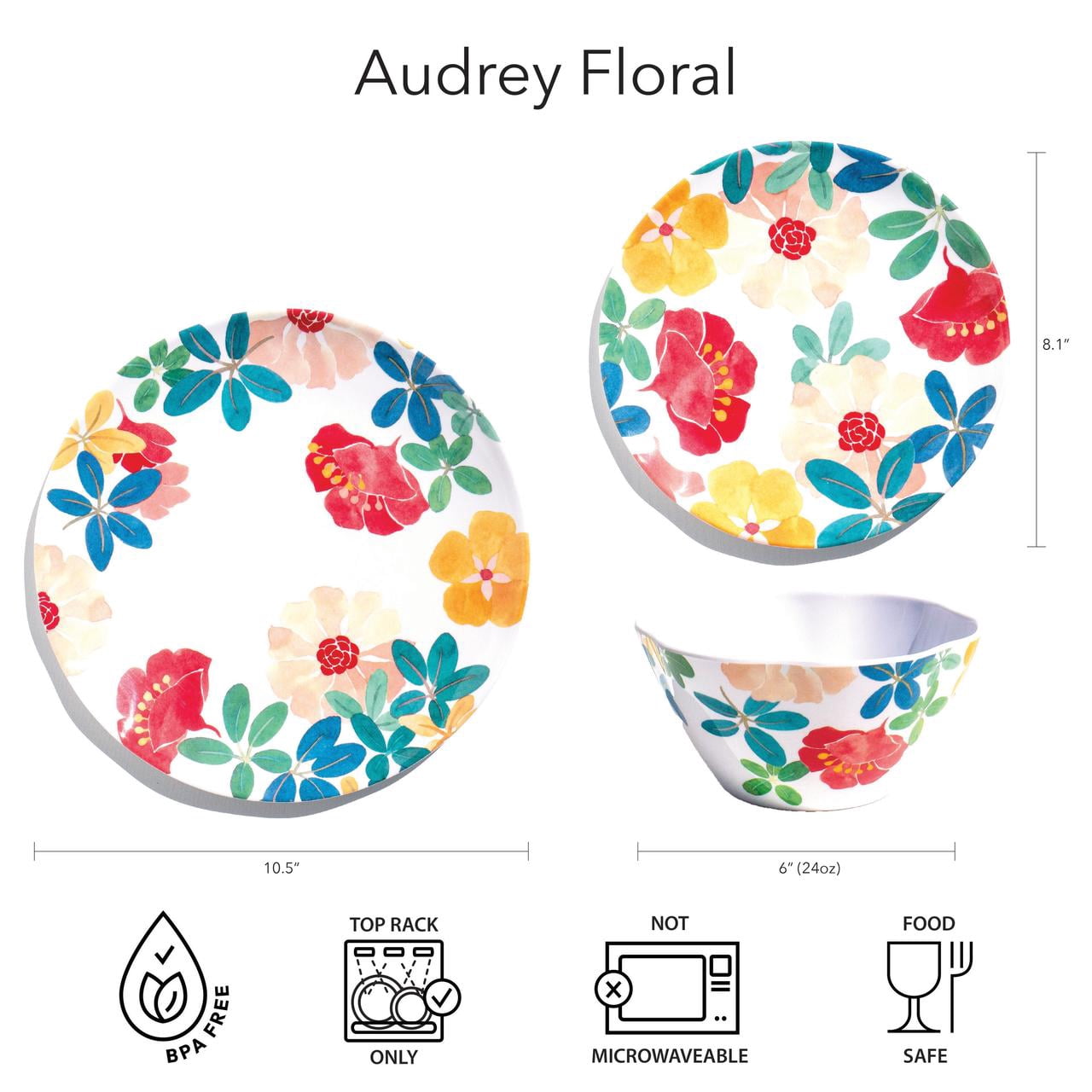 Audrey Melamine Floral Cereal Bowl - 6" - Set of 6