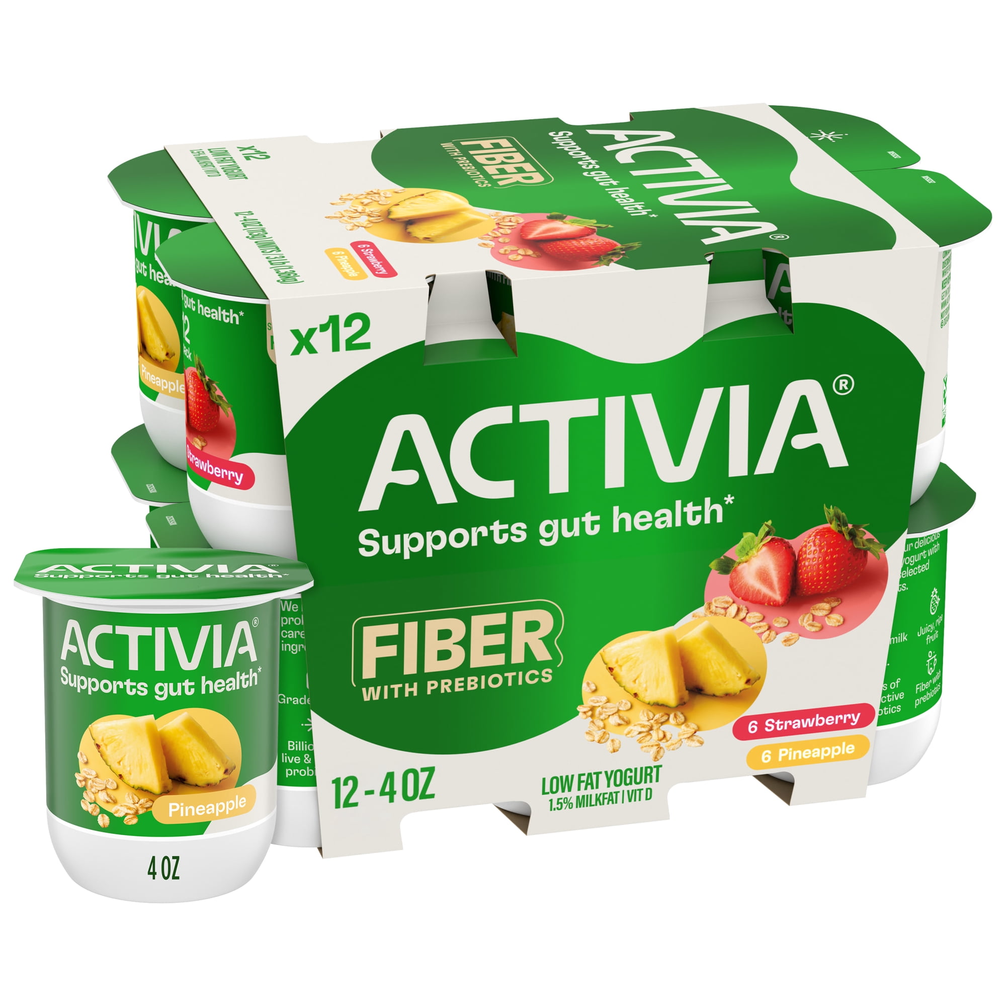 Activia Fiber Strawberry and Pineapple Low Fat Probiotic Yogurt Cups Variety Pack, Helps Support Gut Health, 4 oz, 12 Count