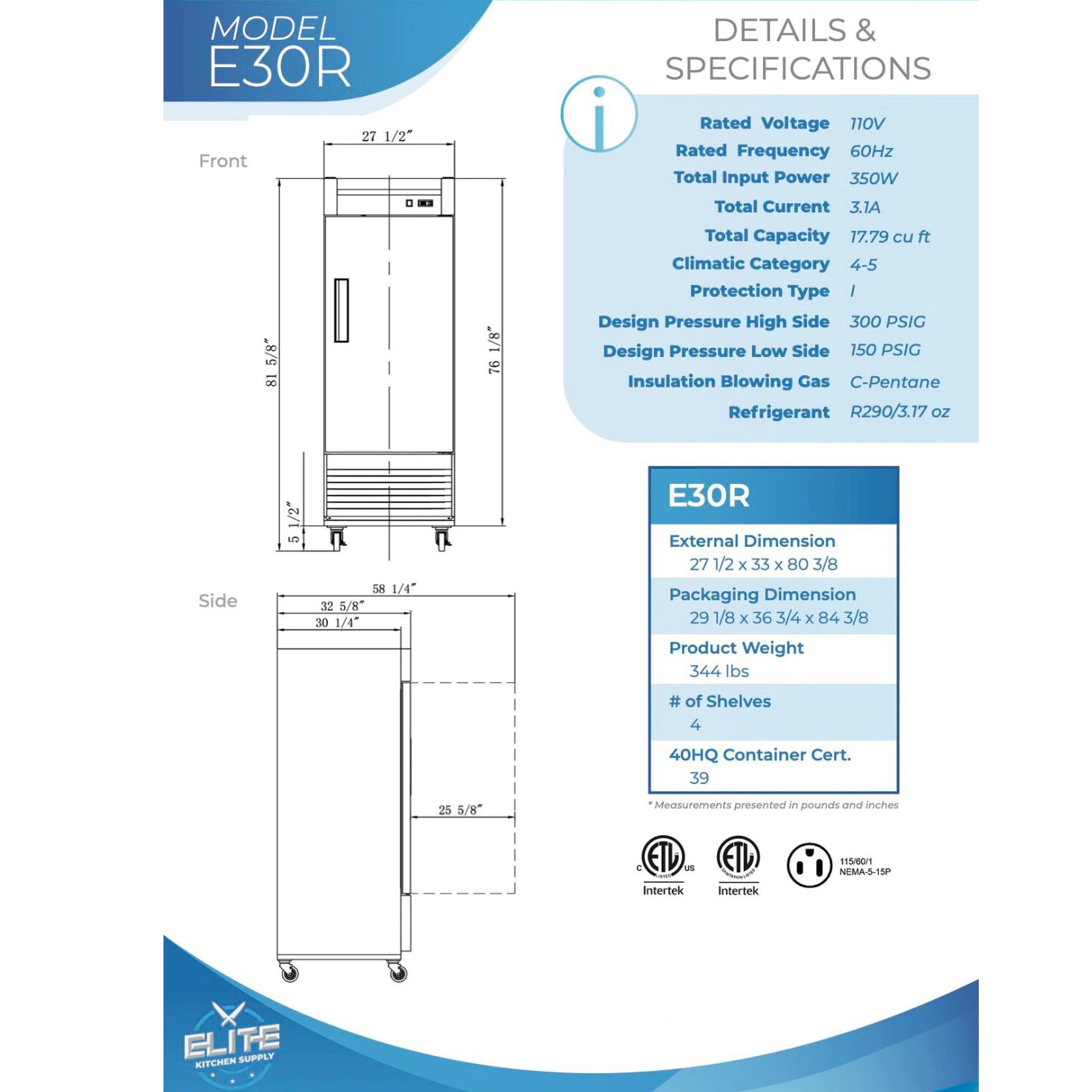 28 in. Single Door Commercial Refrigeratot 18 Cu.Ft. Solid Door Stainless Steel Reach-In Refrigerator, NSF ETL