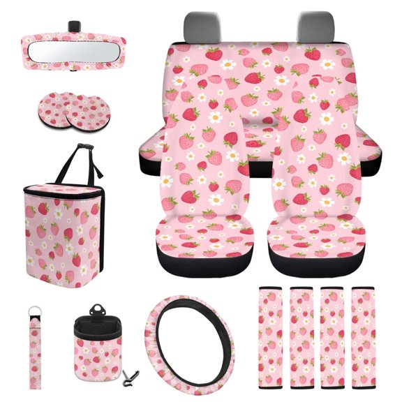 KUIFORTI Cute Strawberry Automobile Seat Cover Sets Elastic Fabrics Set of 15 Automotive Rear Front Seat Protector Anti Slip Easy Installation Comfortable for Most Sedan Truck SUV