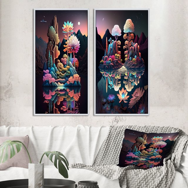 Designart "Mysterious Nocturnal Flora Abstracted Lake II" Abstract Landscape Framed Wall Art Set Of 2 - Modern Multicolor Framed Wall Art Set Of 2