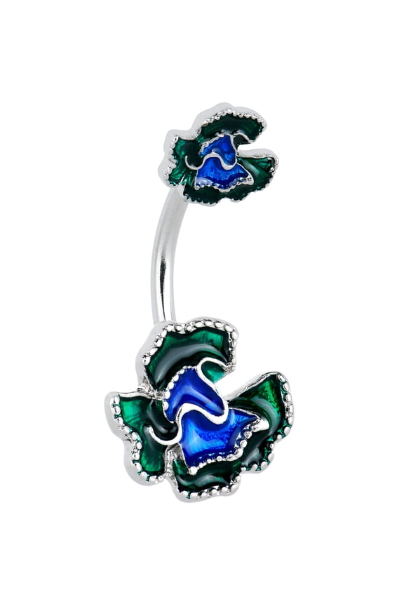Womens Stainless Steel Piercing Spring Flower Green Blue Double Mount Belly Button Ring