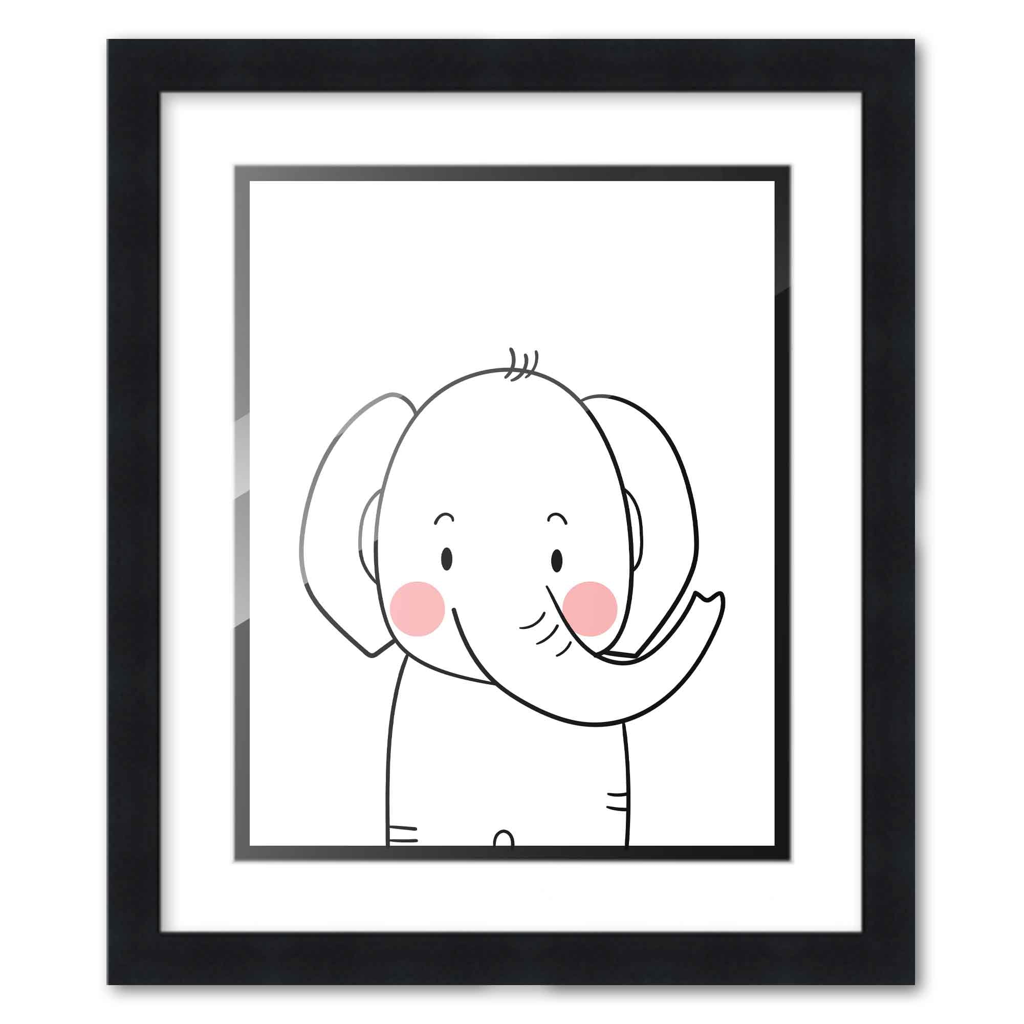 8x10 Framed Nursery Wall Art Black & White Elephant Poster with White