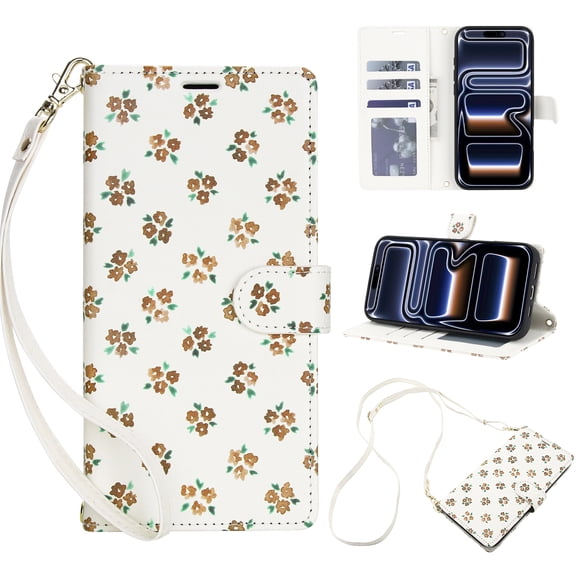 Cute Flower For iPhone 16 Pro Max Phone Case Wallet with Strap, Crossbody PU Leather Flip Book [RFID Blocking] Cover with ID Card Holder & Cash Slot Trendy Vintage Floral Case,Brown
