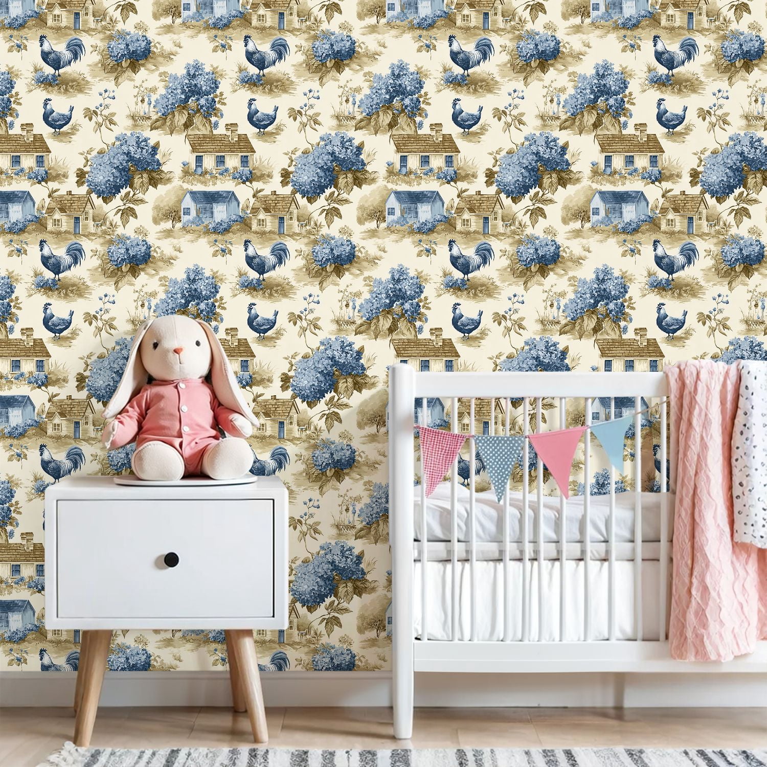 Peel and Stick Wallpaper Blue Hydrangea Farmhouse Toile Roosters Country Cottages Wall Mural 23.6in x 9.8ft Self Adhesive Removable Wall Paper Renter Friendly Wallpaper for Nursery Bedroom Cabinets