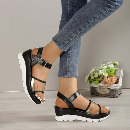 

AXXD Women Black Sandals Clearance Under $10 Summer Round-toe Solid Color Sandals Thick Bottom Buckle Casual Sandals