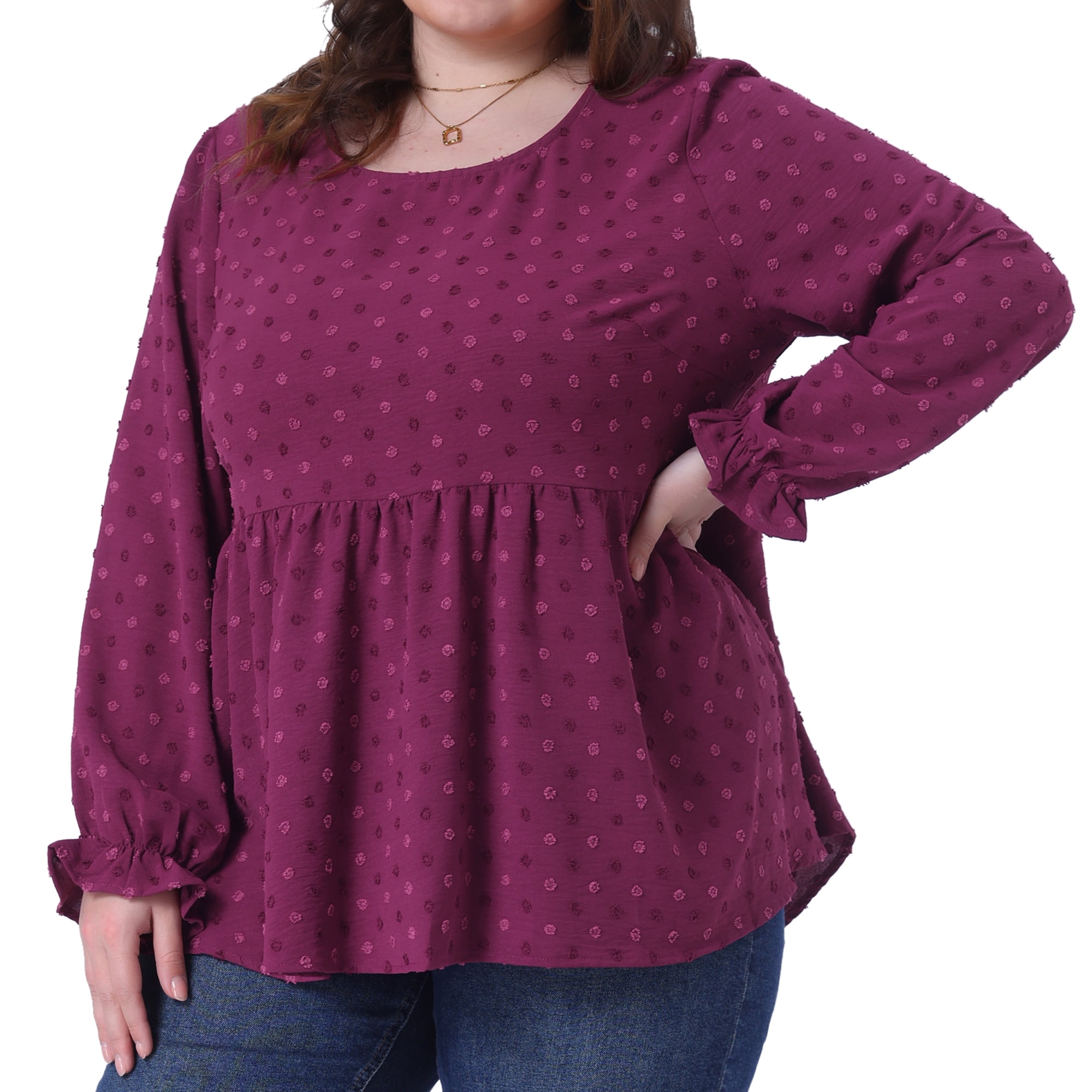 DARING DIVA Women's Plus Babydoll Round Neck Tiered Swiss Dots Blouse 4X Red Purple
