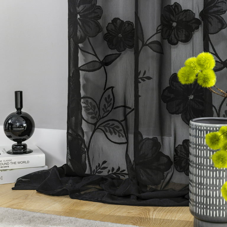 Rustic Flower Sheer Curtain Semi Sheer Floral Curtain Custom Size Elegant  Kitchen Sheer Curtain Panels A Pair 