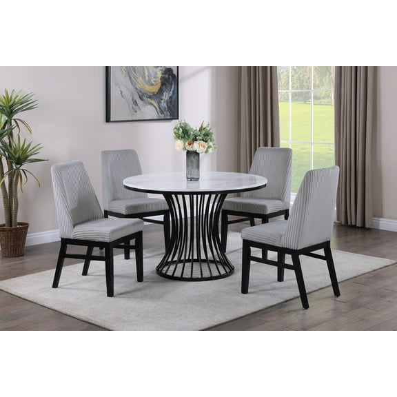 5-Piece Modern Dining Set with Faux Marble Table and Upholstered Chairs, Black and Light Gray