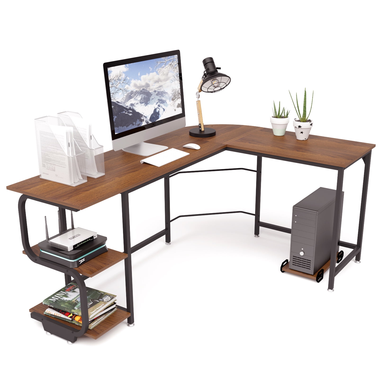 Wooden Corner Computer Desk Home Office PC Laptop Table H Shaped 4 Shelves 