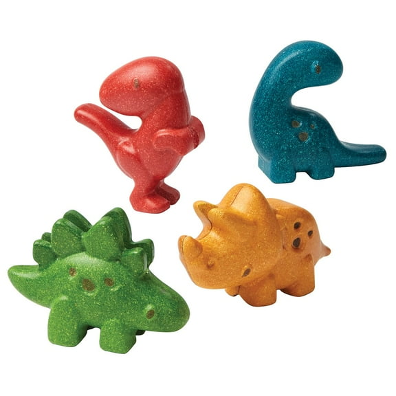 PlanToys 4 Dinosaur Dino Animal Playset (6126) | Sustainably Made from Rubberwood and Non-Toxic Paints and Dyes | Eco-Friendly PlanWood