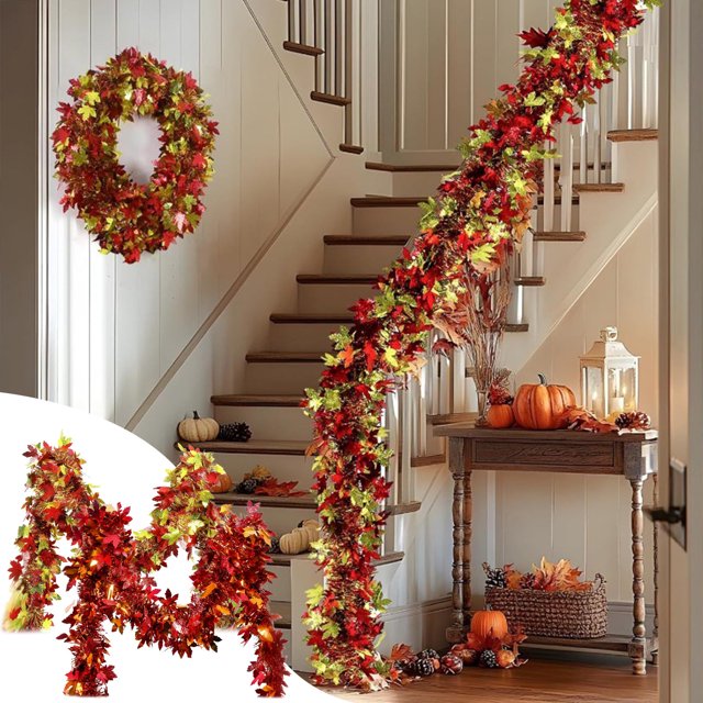 Guirnalda de hojas de arce de otoño | Decoración de coronas de ratán para Acción de Gracias | Tira decorativa de la cosecha del Festival de Otoño | Decoración moderna reutilizable de PVC para colgar