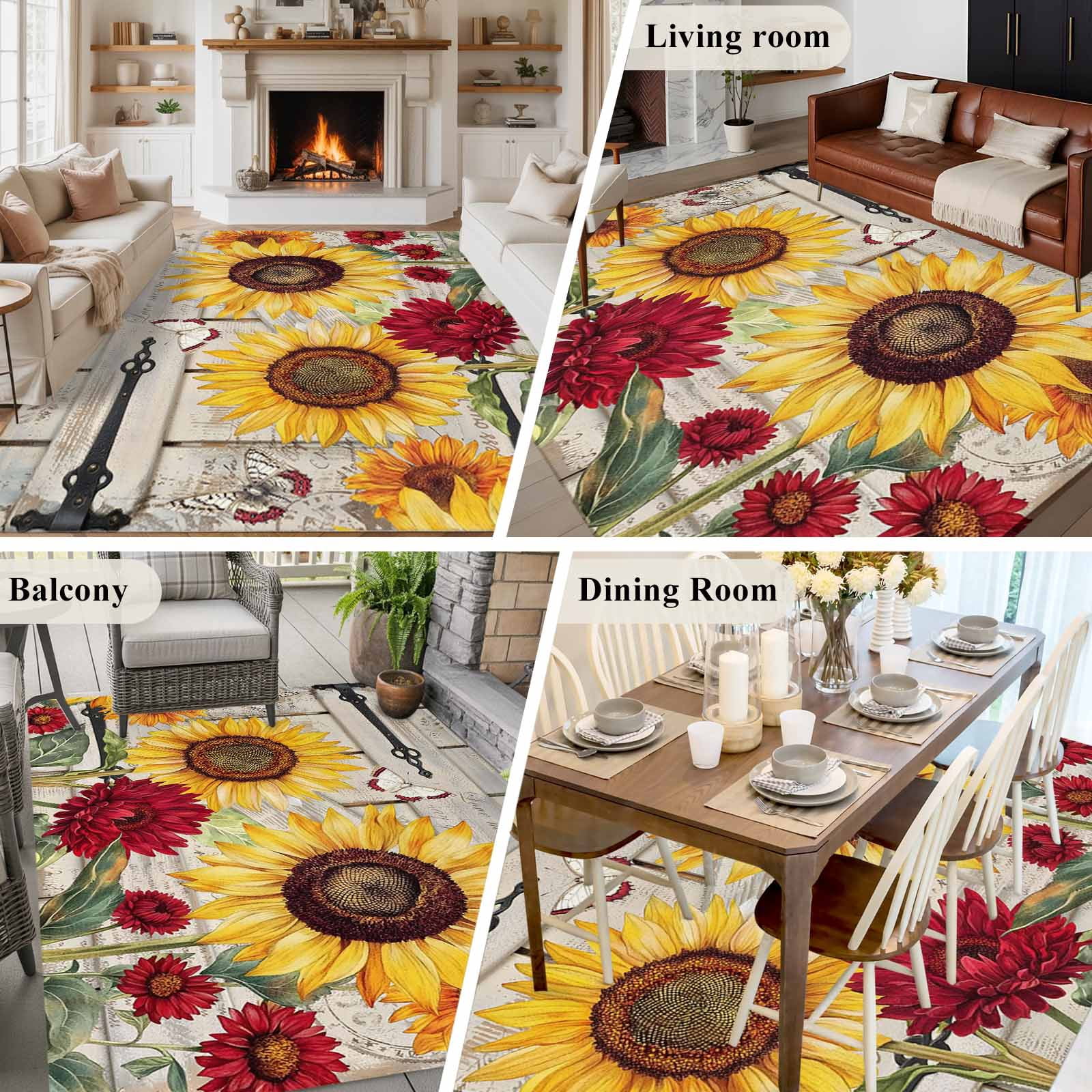 Rectangle Area Rugs 5 x 7 Ft, Red Yellow Sunflowers Non-Slip Residential Carpet, Retro Rustic Barn Doors Butterfly Brown Indoor Crawling Mats Runner Rugs for Living Room/Dining Room/Bedroom