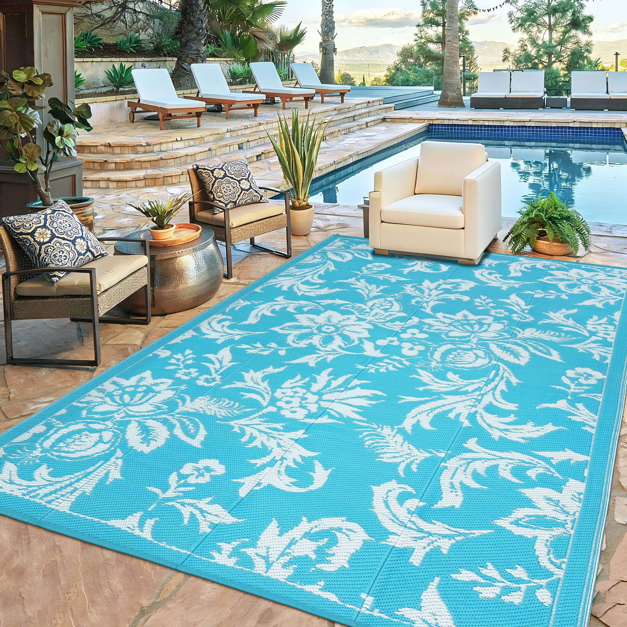Waterproof Outdoor Rug 8x10 FT Reversible Plastic Straw Patio Mat, Lightweight Foldable Area Rug for RV Camping, Deck, Backyard, Porch, Beach, Picnic, Blue & White