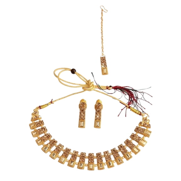 Traditional Women’s Gold-Tone Choker Necklace Set with Stone Work & Matching Earrings – Elegant Ethnic Bridal Jewelry
