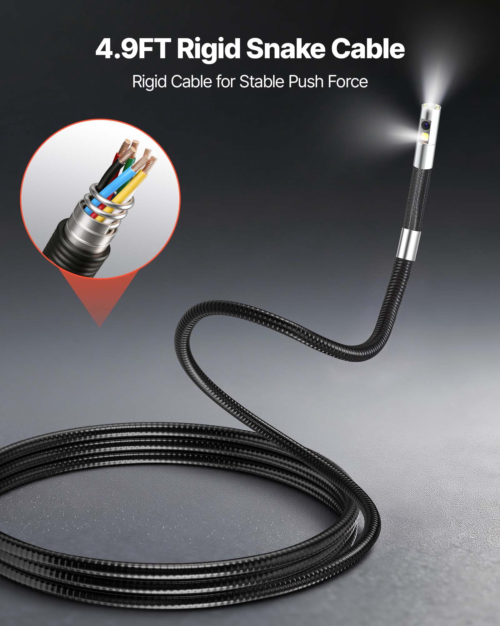 VEVOR 2-Way Dual-Lens Articulating Endoscope with Light, 1080P HD Industrial Borescope Inspection Camera with 0.24-inch Slim Articulated Probe, Rigid Snake Scope Cam for Wall Automotive Inspect-4.9FT