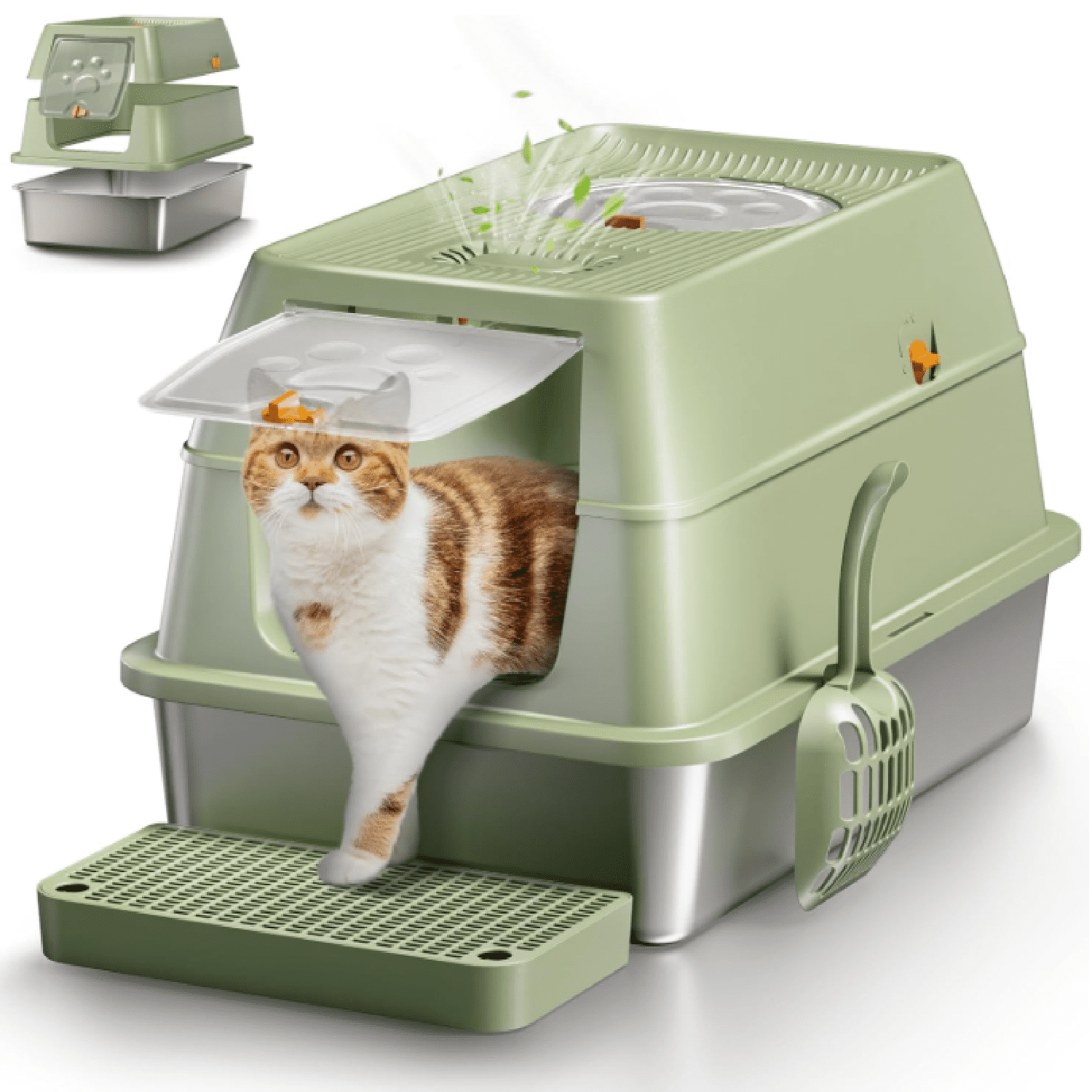 Stainless Steel Cat Litter Box with Lid, XL Large Enclosed High Sided Litter Box with Removable Lid, Carbon Filters -Odor Free, Easy Cleaning, Anti-Urine Leakage for Big Cats -Green