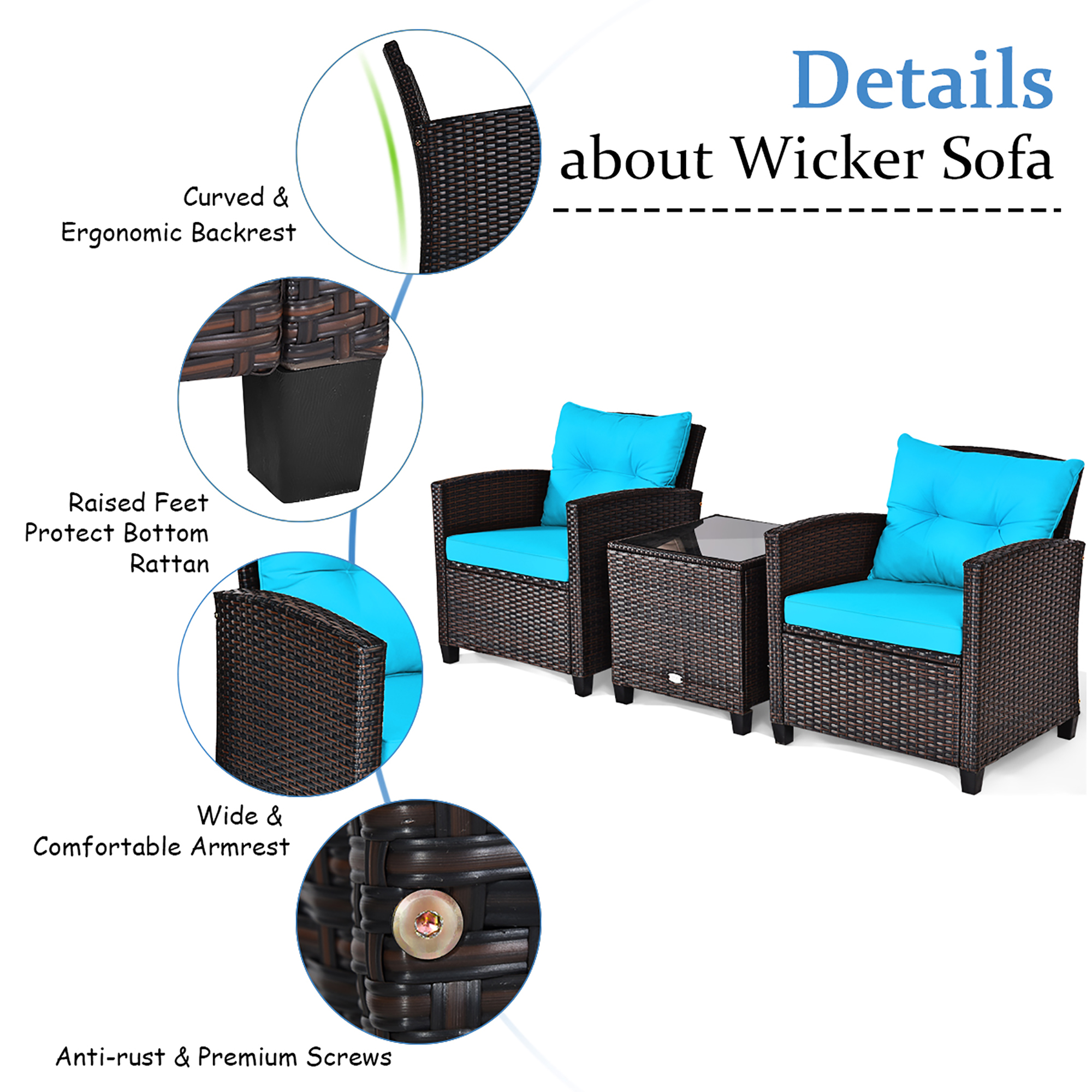 Costway 3-Piece Patio Rattan Conversation Set, Turquoise photo 7