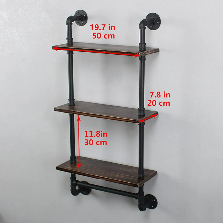 MyGift Wall Mounted 3 Tier Rustic Torched Solid Wood Corner Shelf Unit, Hanging Display Bathroom Shelves with Industrial Metal Pipe Frame
