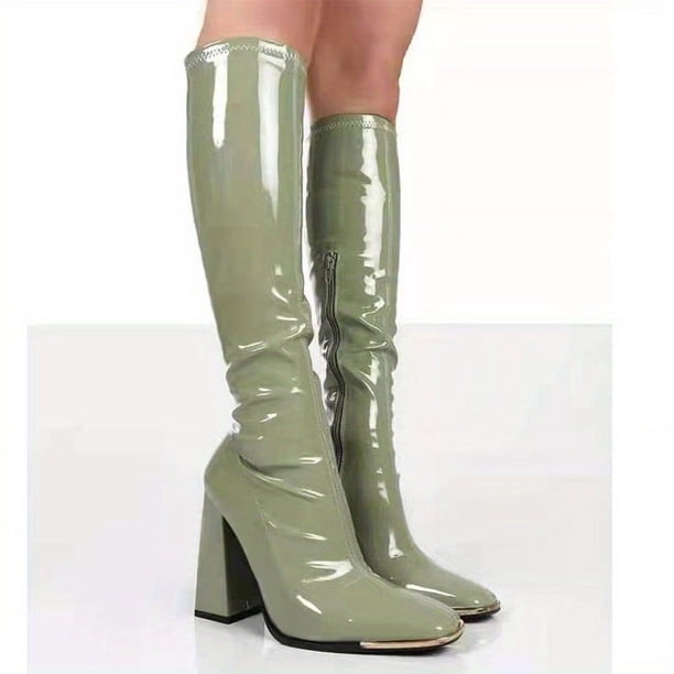 Women's Candy Color Block Heeled Boots, Fashion Square Toe Side Zipper Boots, Stylish Dress Boots