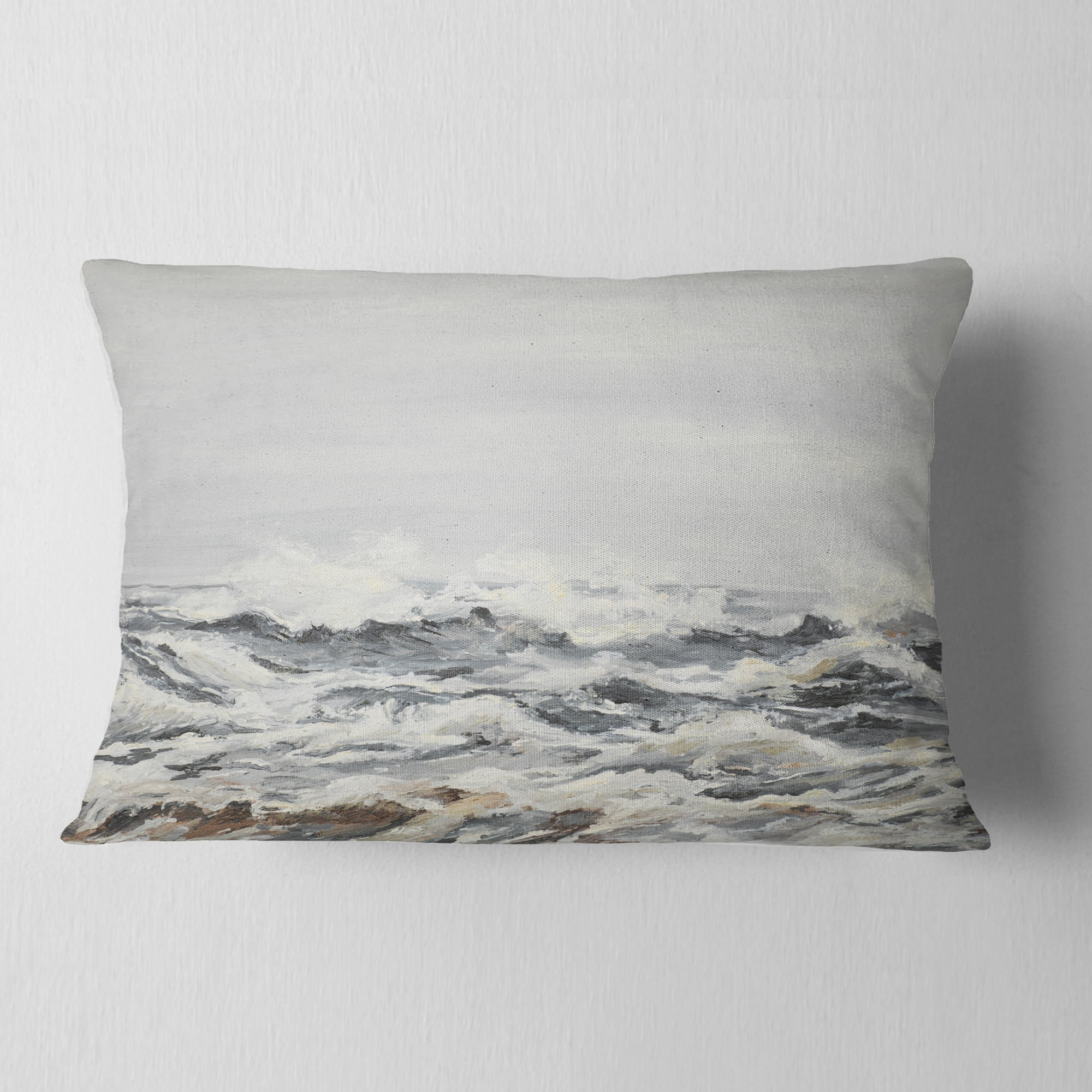 Designart Grey Sea Waves - Seascape Throw Pillow - 12x20