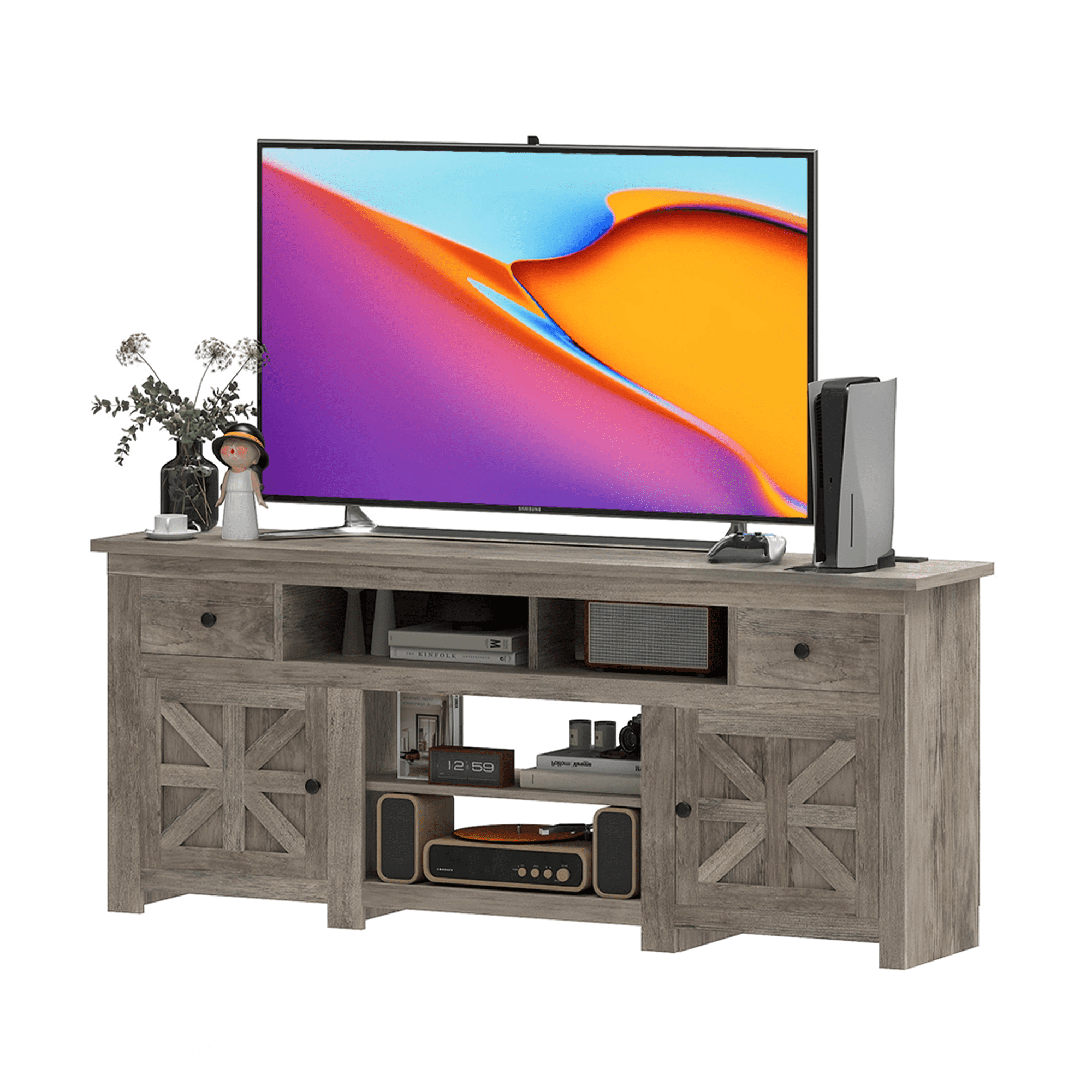 Uforic 70 Inch TV Stand for 75/80 Inch TV with 2 Drawers, 4 Open Compartments & Built-In Power Outlet, Floor Mount Wooden TV Console, Gray