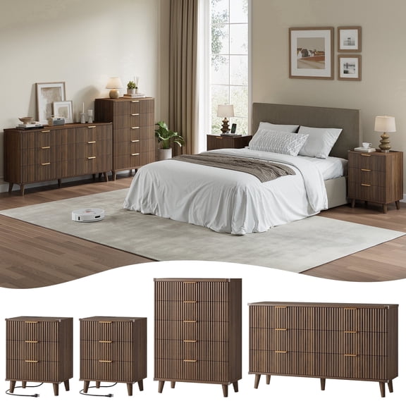 Aufeile 4 Piece Boho Dresser Set for Bedroom, 6 Drawer Dresser, 5 Drawer Tall Dresser & 2 Nightstands with 3 Drawers & USB Charging, Fluted Wood Bedroom Furniture Set, Walnut